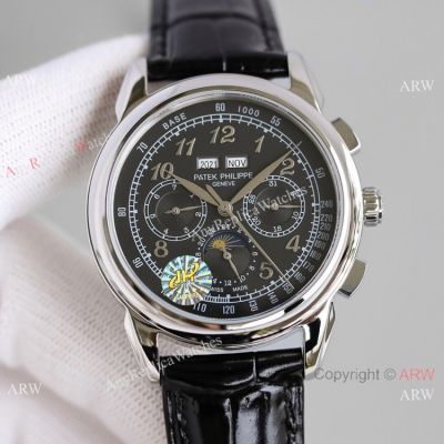 JH Swiss Copy Patek Philippe Perpetual Calendar Chronograph Watch SS Black Dial